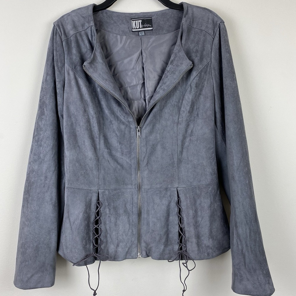 Kut from the Kloth Gray Peplum Microfiber Faux Suede‎ Jacket w/ Zipper, Ties, M